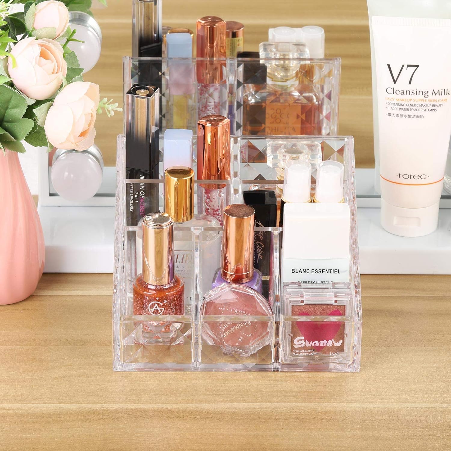 Clear Makeup Organizer Brush Holders 7-Compartment Cosmetics Display Case Storage for Vanity Countertop: Beauty
