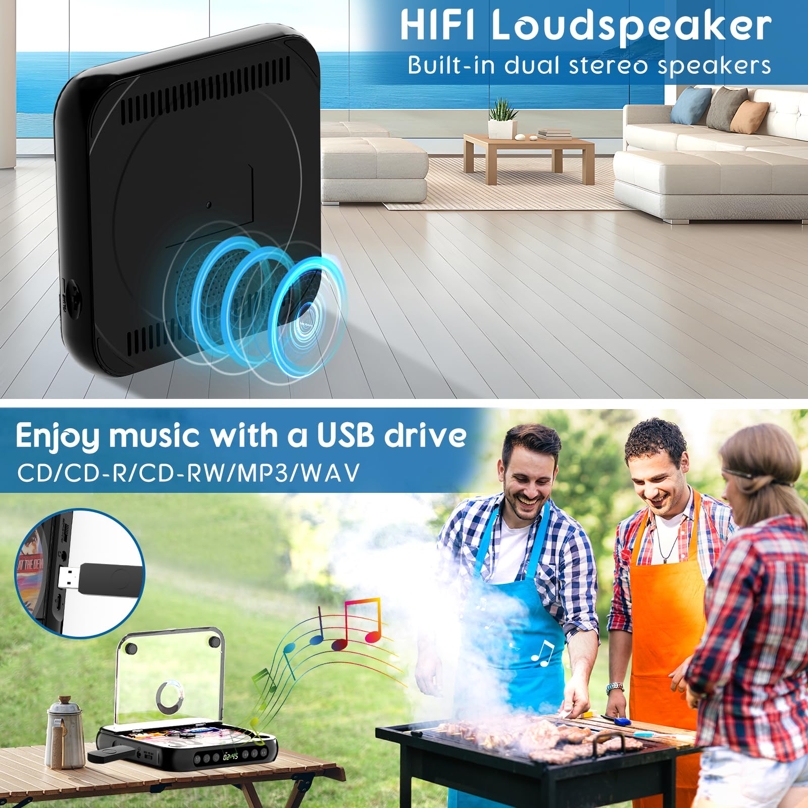 Portable CD Player with Bluetooth 5.3, Rechargeable CD Player for Home/Car, Built-in HiFi Speakers, Headphones, LCD Screen, Supports CD/AUX/USB and Repeat Modes, Black