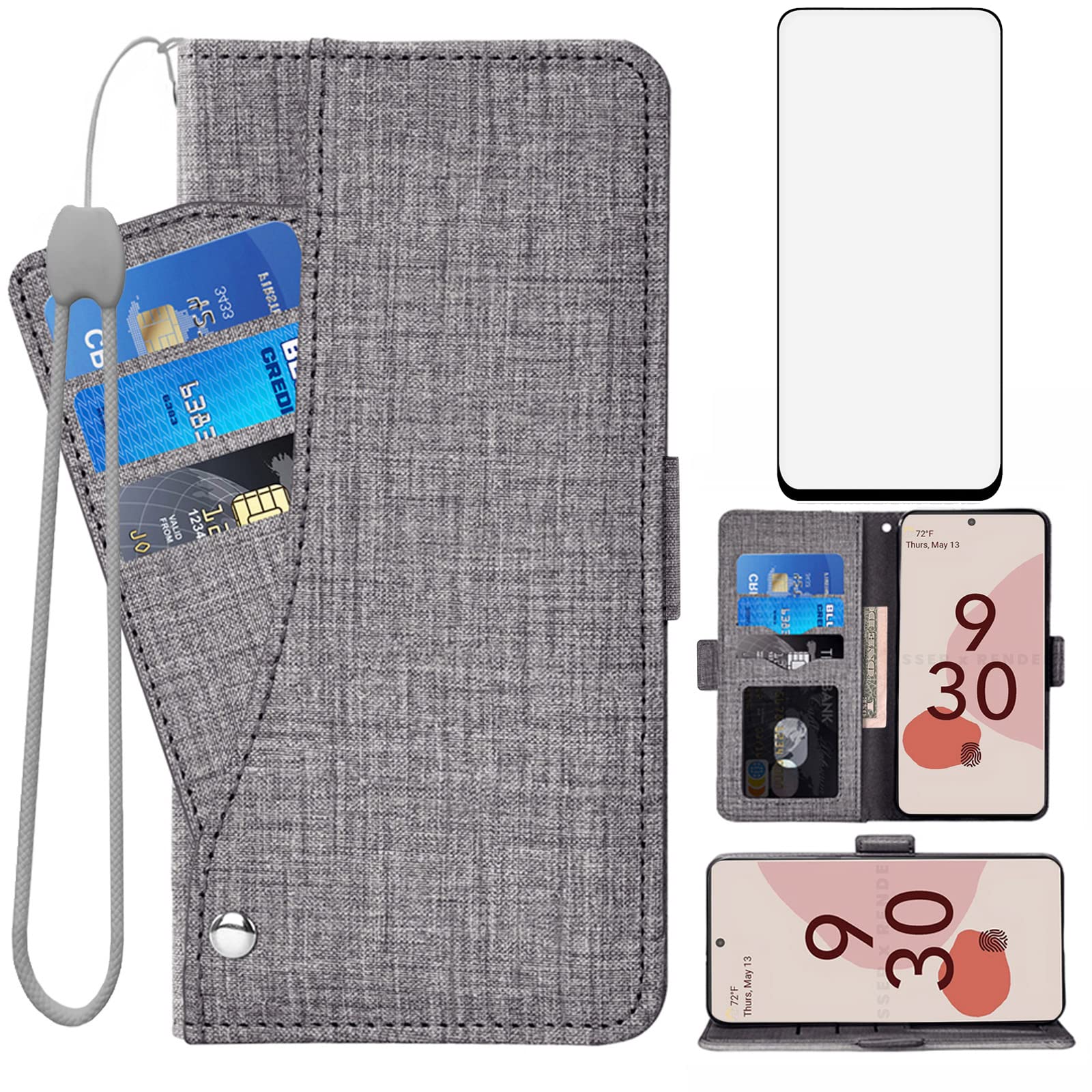 Asuwish Compatible with Google Pixel 6 Pro Wallet Case Tempered Glass Screen Protector and Leather Flip Cover Card Holder Stand Cell Accessories Phone Cases for Pixel6Pro Pixel6 6Pro Women Men Gray