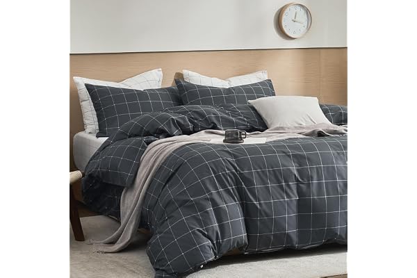 JELLYMONI 100% Natural Cotton 3pcs Plaid Duvet Cover Sets,Black with White Grid Geometric Pattern Printed Comforter Cover,wit
