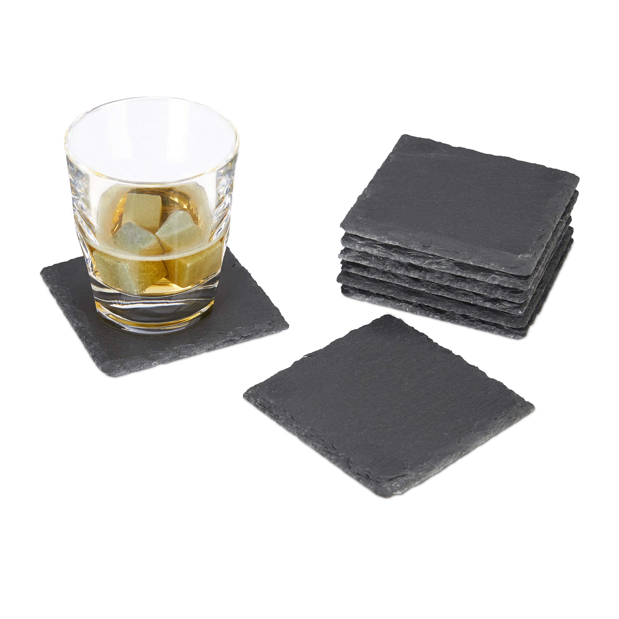 Relaxdays Set of 8 Slate Coasters, Square 10x10 cm, Easy-Care Coasters for Glasses, Grey