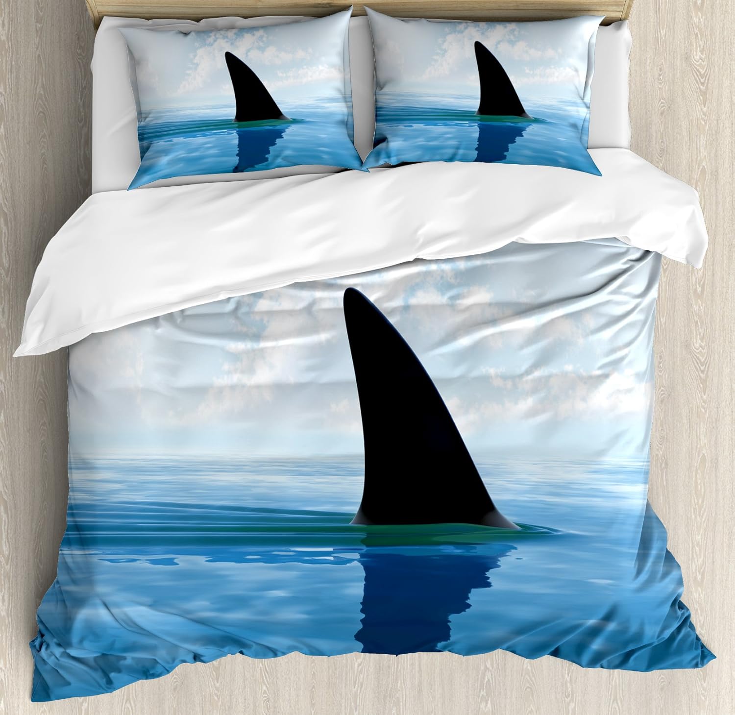 Ambesonne Shark Duvet Cover Set, Shark Fish Fin Over The Sea Surface Danger Caution Themed Picture, Decorative 3 Piece Bedding Set with 2 Pillow Shams, Queen Size, Blue