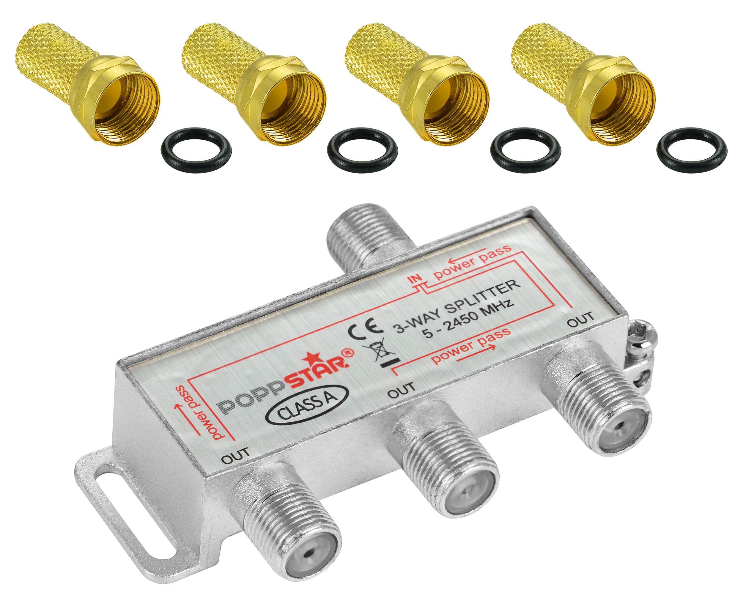 Poppstar Satellite Distributor Splitter Switch 3-way incl. F-Connector (analog/digital/BK/unicable/HD/4K compatible) for TV, Satellite, Television, Radio, LNB