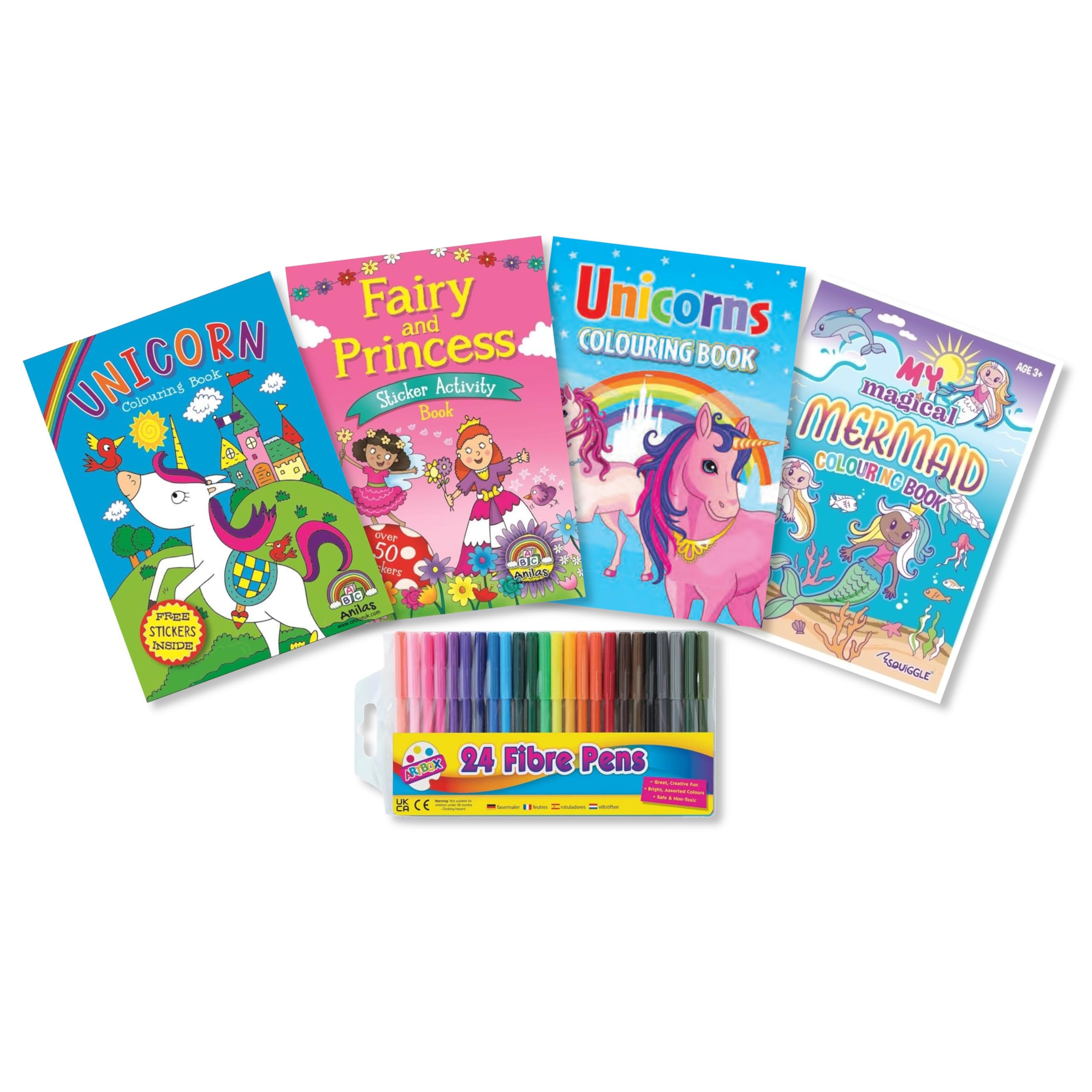 Mermaid, Unicorn and Princess Colouring Books with Sticker and Pencils or Felt Tip Pens (Felt Tip Pens)