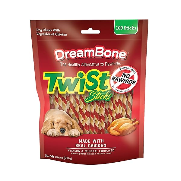 DREAMBONE TWIST STICKS RAWHIDE FREE DOG CHEWS, MADE WITH REAL CHICKEN, 100 COUNT (PACK OF 1)