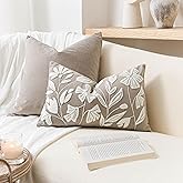 BlissBlush 12x20 Lumbar Pillow Cover, Rectangular Taupe Decorative Throw Pillowcase for Couch Sofa, Embroidered Velvet Farmhouse Accent Cushion (Cover Only)