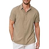 Cqser Linen Shirts for Men Casual Button Down Short Sleeve Shirts Lightweight Cotton Mens Linen Shirt Summer Beach Shirts