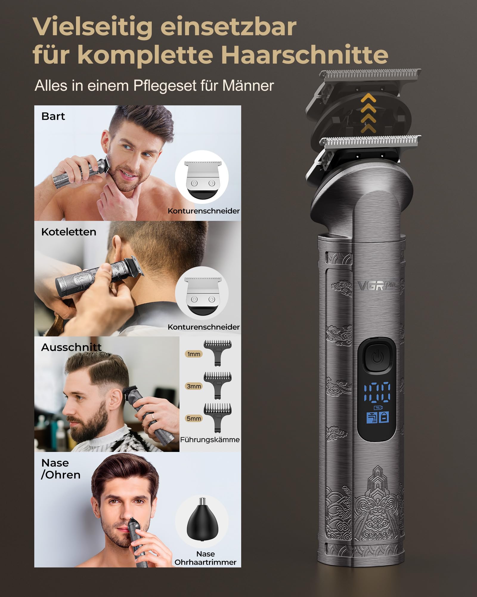 VGRPRO Haarschneidemaschine für Männer Professionell, Kabellose Haarschneidemaschine profi zum Haareschneider, Haarschneider Herren und Trimmer Set, Elektrischer Trimmer Herren mit Paket Box(Gray) 4