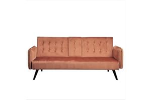 Container Furniture Direct Cricklade Mid Century Modern Velvet Upholstered Futon Sofa Bed, Couches for Living Room with Center Console and Cupholders, Orange