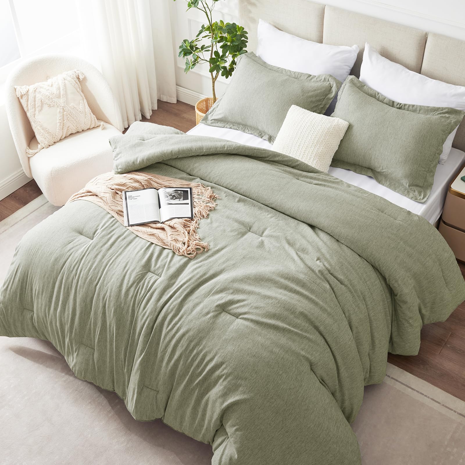 Photo 1 of CozyLux King Size Comforter Set - 3 Pieces Olive Green Soft Luxury Cationic Dyeing Bedding Comforter for All Season, Breathable Lightweight Fluffy Boho Bed Sets with 1 Comforter and 2 Pillow Shams