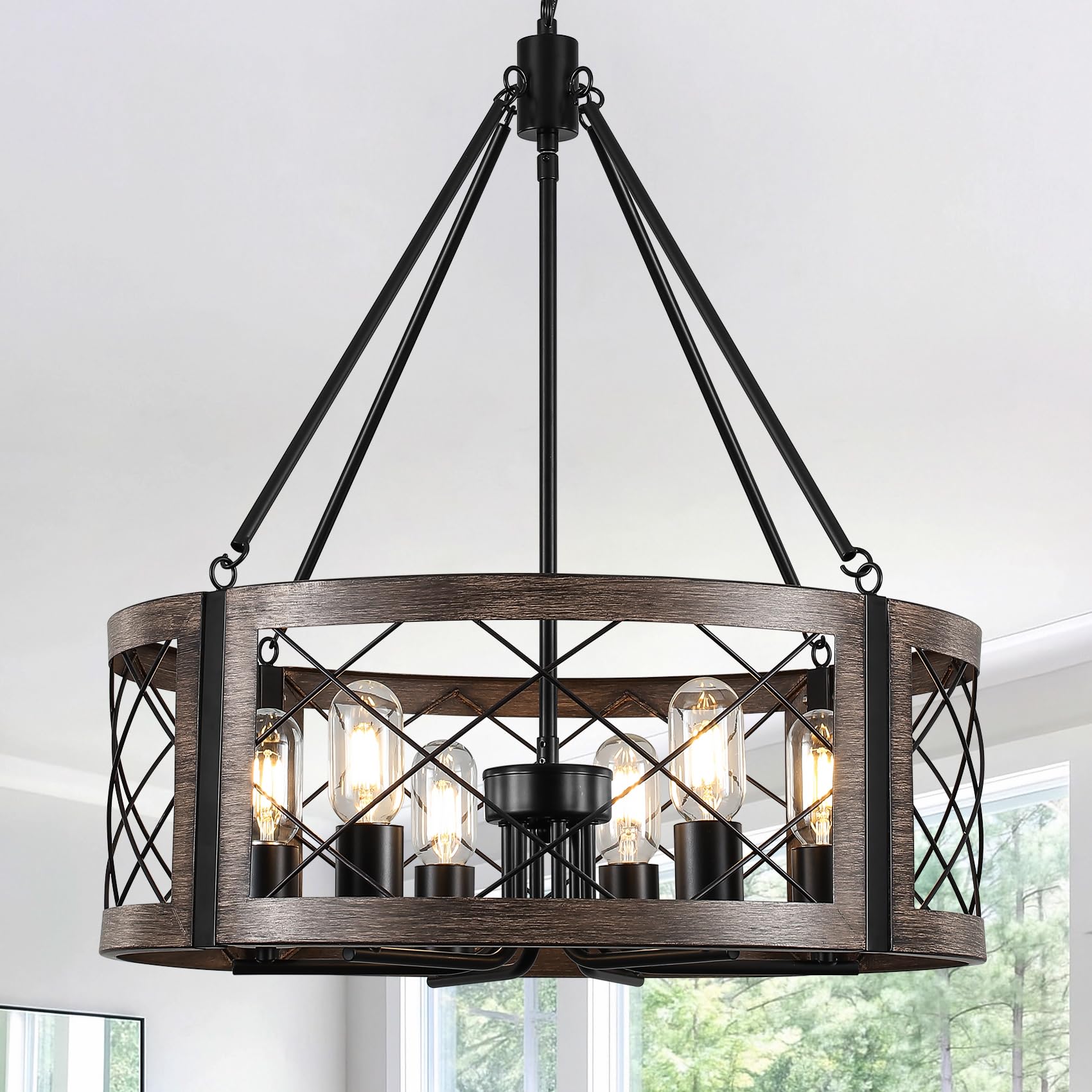 Photo 1 of 22" Farmhouse Chandelier, 6-Light Rustic Dining Room Light Fixture, Black Drum Chandelier with Wood Grain Finish, Industrial Hanging Chandeliers for Living Room Bedroom Entry Foyer Lighting Fixtures