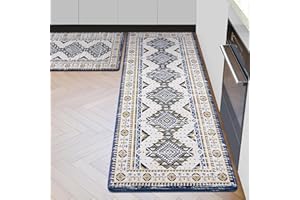FRAMICS Kitchen Rugs Set of 2 Non Slip, Blue Boho Kitchen Mats Cushioned Anti-Fatigue, Farmhouse Waterproof Kitchen Mats for Floor, Vintage Memory Foam Comfort Standing Desk Mat, 18" x 48" + 18" x 30"
