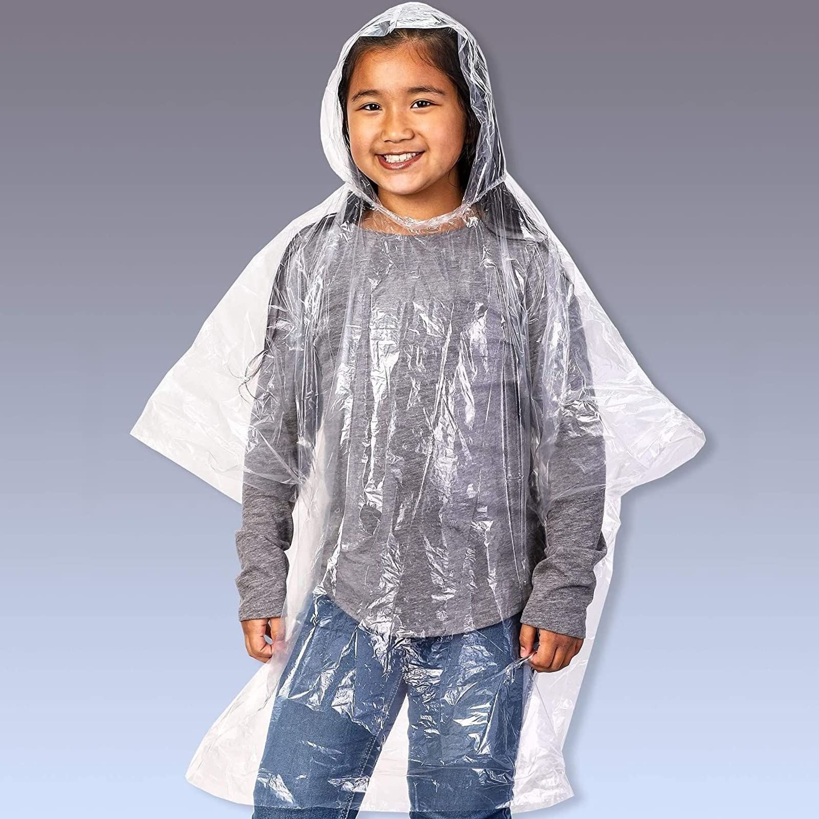Juvale 10-Pack Disposable Rain Ponchos for Kids - Emergency Plastic Raincoats with Hood for Boys and Girls (Clear)