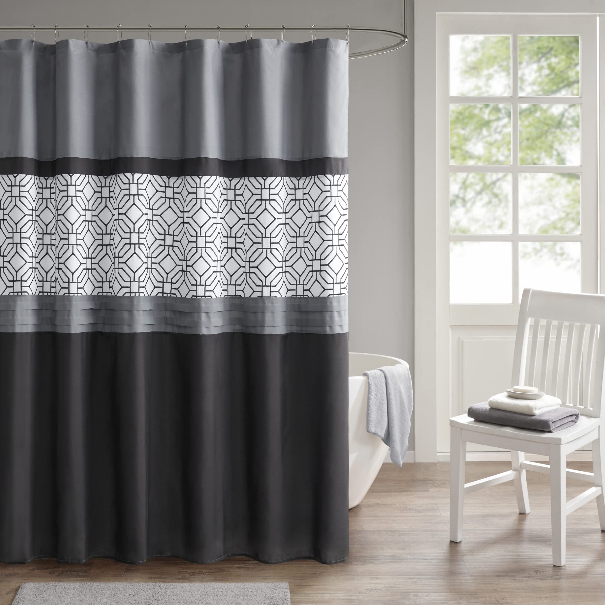 510 DESIGN AONELAS Shower Curtain, Geometric Textured Embroidery Design with Built-in Liner, Modern Mid-Century Bathroom Decor, Machine Washable, Fabric Privacy Screen, 72x72, Donnel, Black/Grey