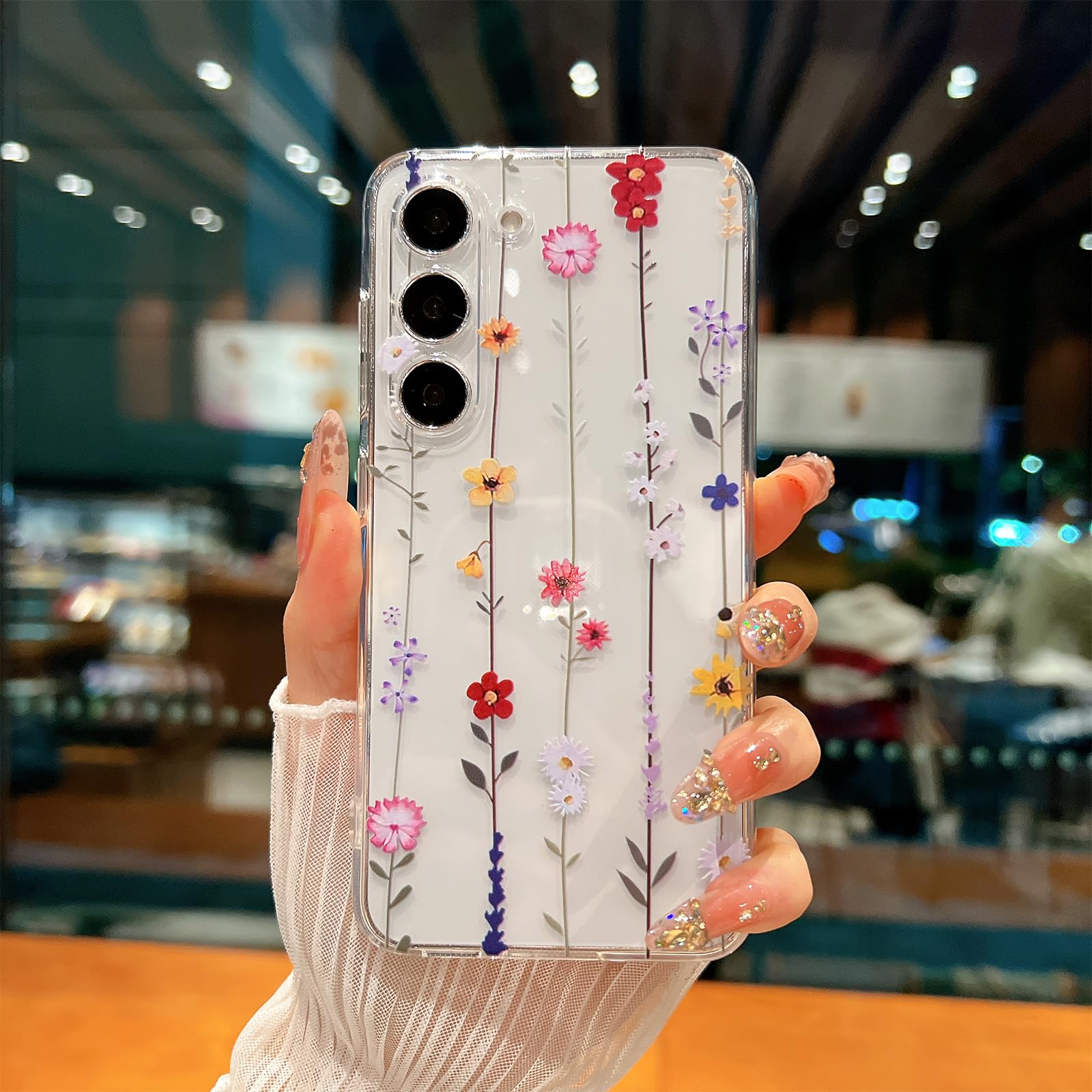 Photo 1 of DYFYFKDI for Samsung Galaxy S23 Case, Floral Flowers Cute Aesthetic Clear Floral Branch Pattern Case for Women Girls,Transparent Slim Soft Shockproof Cover for S23,Straight Flower