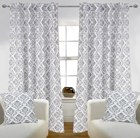 Linenwalas Cotton Damask 2 Print Door Curtain with 2 Cushion Cover - Set of 4 (Grey)
