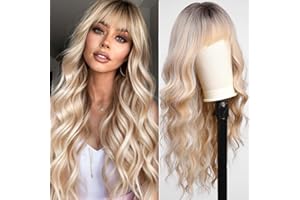 KOME Ombre Blonde Wigs with Bangs,Long Curly Wig for Women,Blonde Long Wavy Wig Synthetic Hair Wig for Party Cosplay Daily Use 24IN