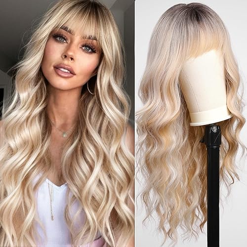Ombre Blonde Wigs with Bangs,Long Curly Wig for Women,Blonde Long