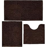 AINAHYVA Bathroom Rugs Chenille Bath mat 3 Piece Set, Super Absorbent, Strong PVC Non Slip Backing, Bath mats for Bathroom, Plush Shaggy, Thick, Machine Washable, Bathtub, Shower, Toilet, Brown