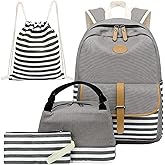 Joyfulife School Backpacks for Teen Girls Lightweight Canvas Backpack Student Bookbags with Lunch Bag 4 in 1