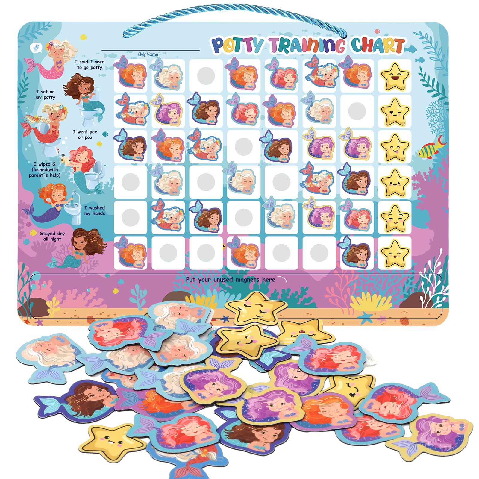 Potty Training Reward Chart, Magnetic Toilet Training Chart with 60 Reusable Magnetic Stickers, Interactive Reward Chart for Toddlers Girls Boys (Mermaid)