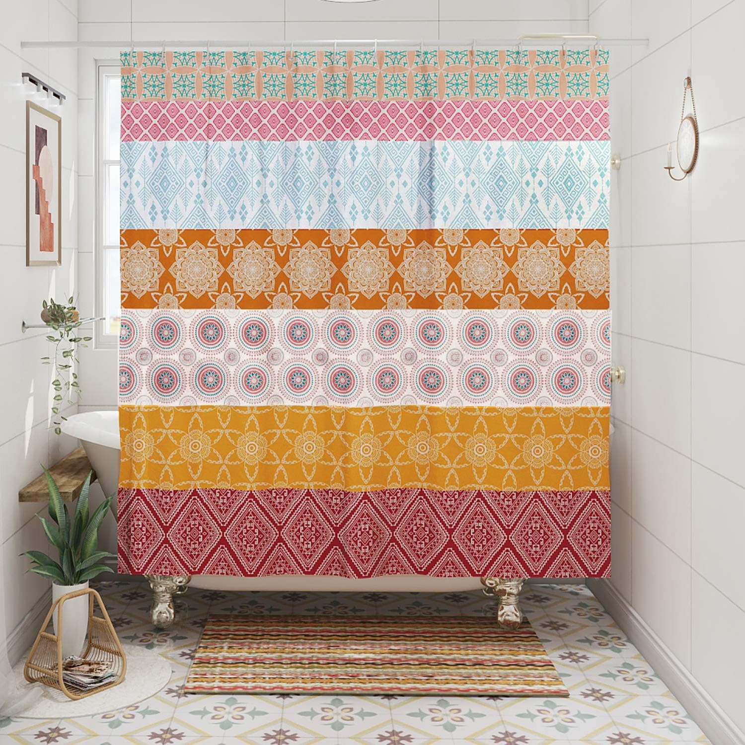 DESIHOM Boho Shower Curtain 180x180 cm with 12 Hooks Bohemian Shower Curtain Colorful Aztec