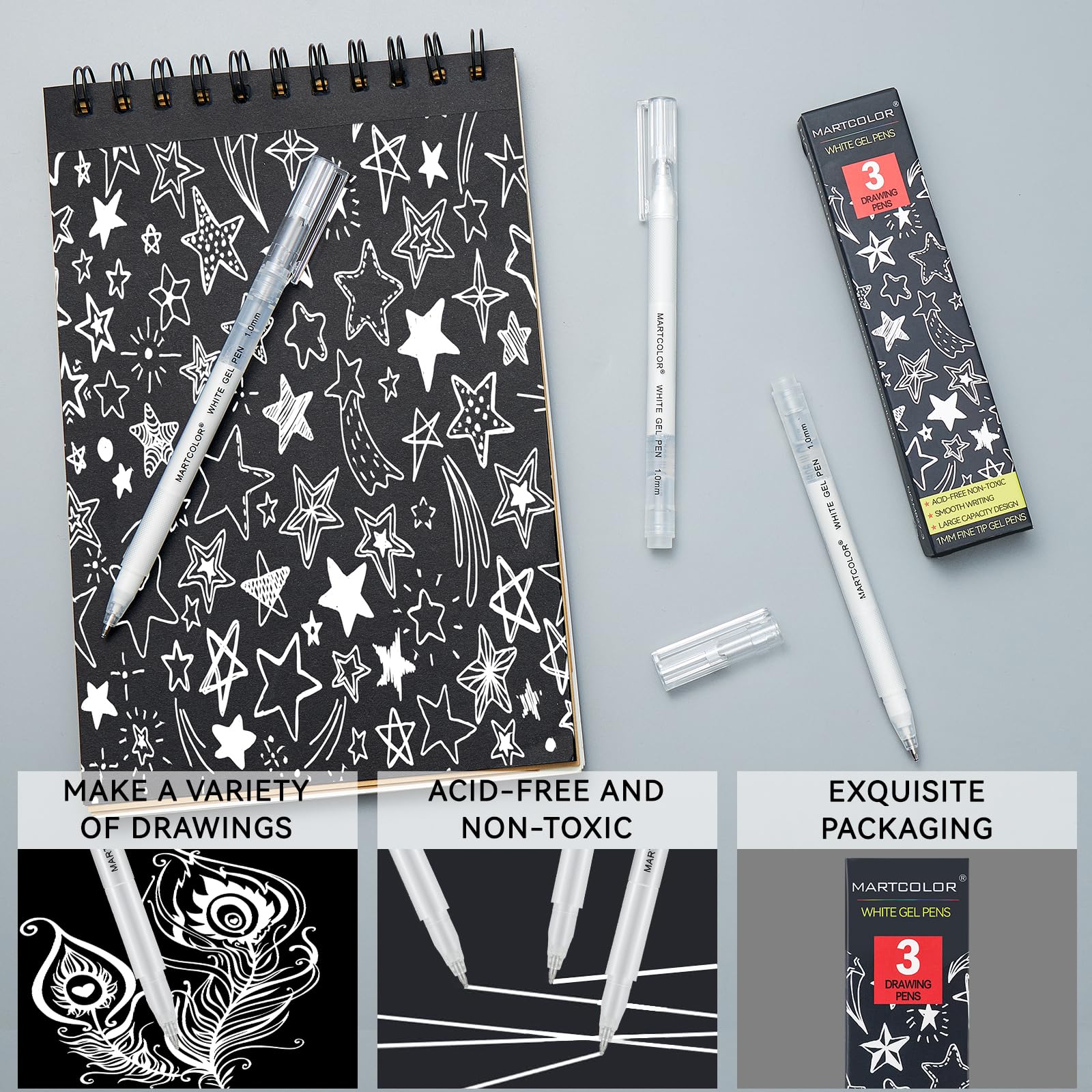 White Gel Pens, 1mm Fine Point Gel Ink Pen Opaque Archival Ink Pens for Black Paper Drawing, Sketching, Illustration, Card Making, Bullet Journaling, 3 Pack