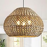 ZSLONGYING 19.29” Large Rattan Pendant Light,3-Light Wicker Chandelier Light Fixture,Boho Kitchen Island Hanging Seagrass Rus