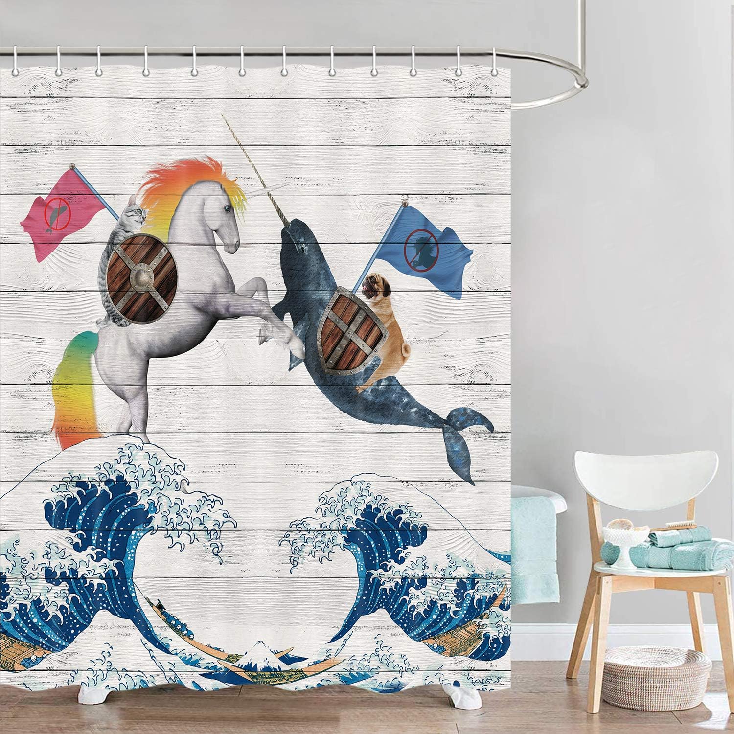 Funny Dog and Cat Shower Curtain, Cat Riding Unicorn Horse Dog Riding Narwhal Bathroom Curtain with Hooks, Japanese Great Wave Ocean Decor Polyester Fabric Bathroom Decor Bath Curtain, 69x70inches