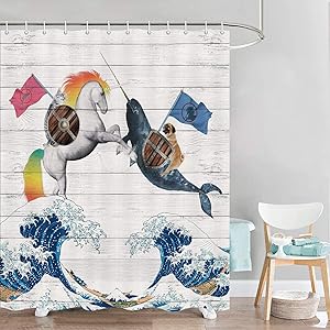 Funny Dog and Cat Shower Curtain, Cat Riding Unicorn Horse Dog Riding Narwhal Bathroom Curtain with Hooks, Japanese Great Wave Ocean Decor Polyester Fabric Bathroom Decor Bath Curtain, 69x70inches