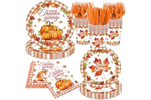 PYMUROD Thanksgiving Paper Plates and Napkins, Fall Thanksgiving Tableware Set Buffalo Plaid Pumpkin Maple Leaves Plate, Disposable Dinnerware Party Supplies for Autumn Thanks Giving Table Decor, Serve 24