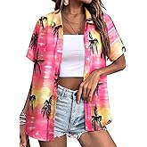 Womens Button Down Hawaiian Shirts Short Sleeve Floral Print Summer V Neck T-Shirt Casual Summer Beach Blouses Tops