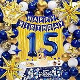 15th Birthday Decorations for Boys, Navy Blue Gold Happy 15 Birthday Party Decorations Include Happy Birthday Banner, Number 15 Balloons, Fringe Curtain, Crown, Star Foil Balloons, Cake Topper