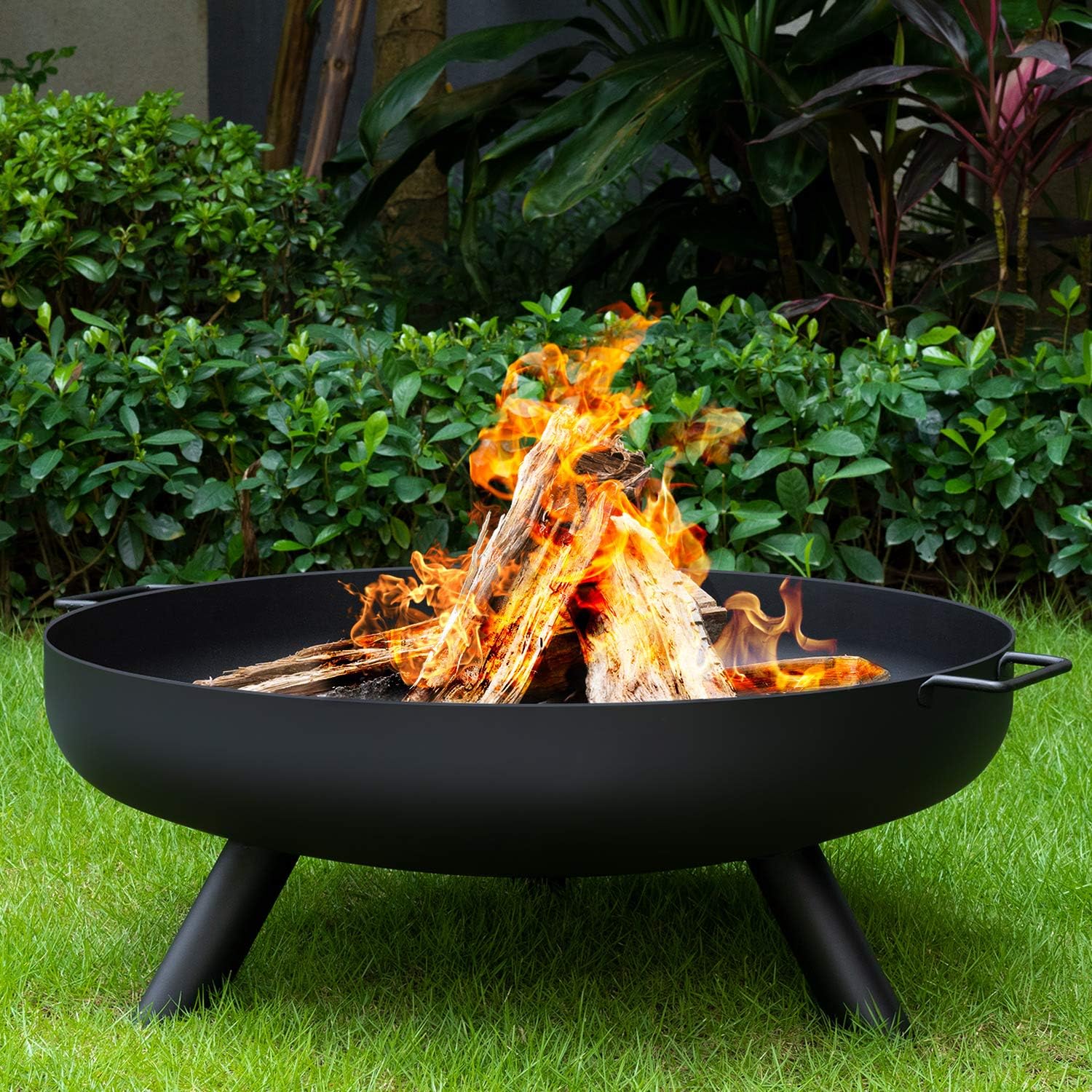 Amagabeli Fire Pit Outdoor Wood Burning Fire Bowl 30in with A Drain Hole Fireplace Extra Deep Large Round Cast Iron Outside Backyard Deck Camping Beach Heavy Duty Metal Grate Rustproof Black : Garden & Outdoor