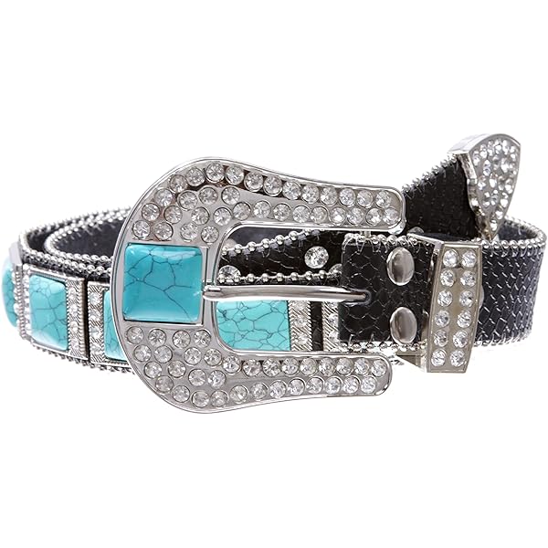 美品 Turquoise Narrow Studs Belt Western Croco Print Rhinestone & Turquoise Studded Leather
