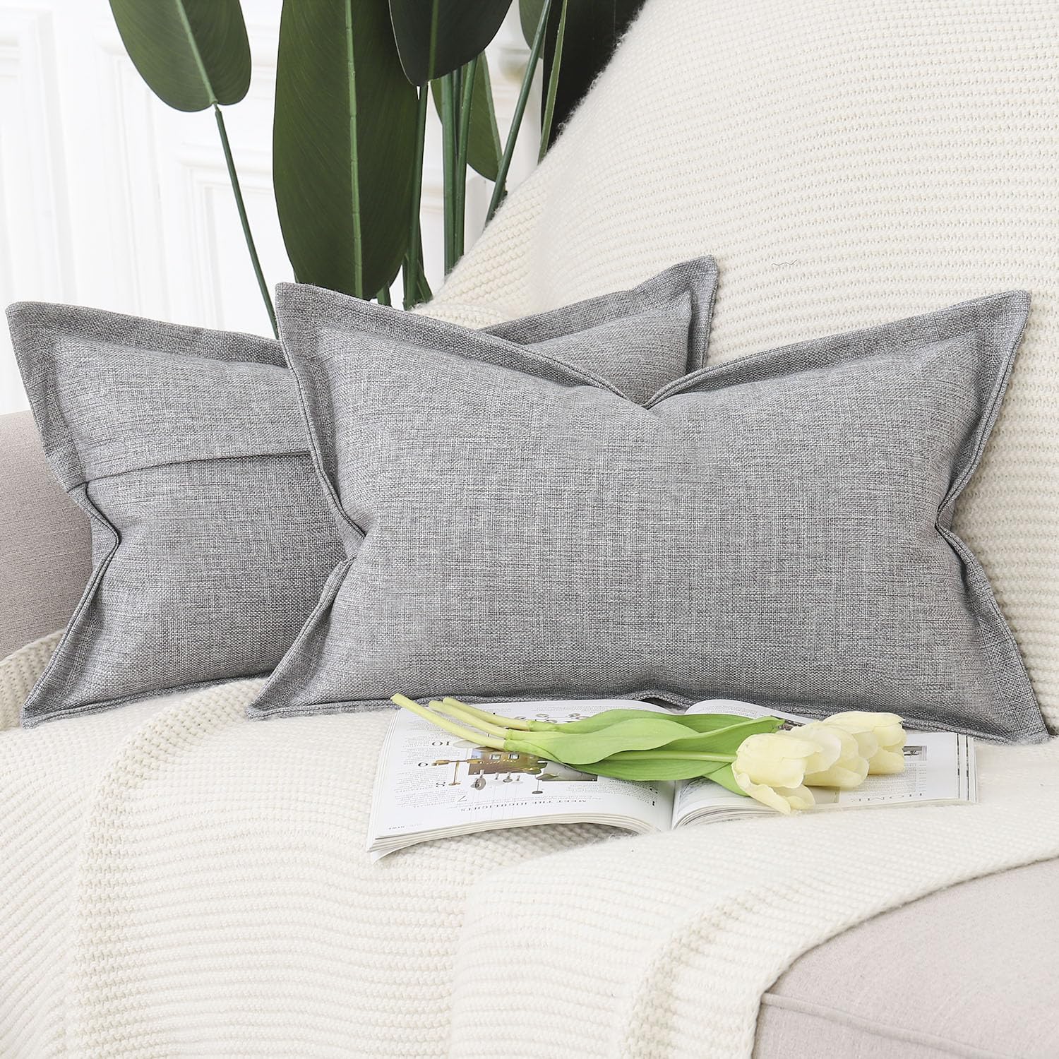 Madizz Set of 2 Faux Linen Cushion Covers with Broad Edge Soft Boho Decorative Pillow Cases for Sofa Bedroom Modern Pillow Shell 12x20 inch, 30x50 cm Light Grey