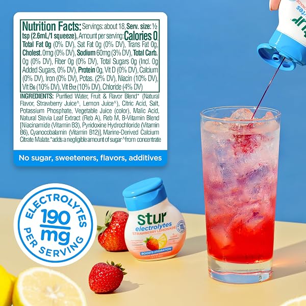 STUR ELECTROLYTE WATER ENHANCER | SWEETENED WITH STEVIA | HIGH IN ANTIOXIDANT VITAMIN C | SUGAR FREE | ZERO CALORIES | KETO | VEGAN | 5 BOTTLES, MAKES 90 DRINKS (STRAWBERRY LEMONADE)