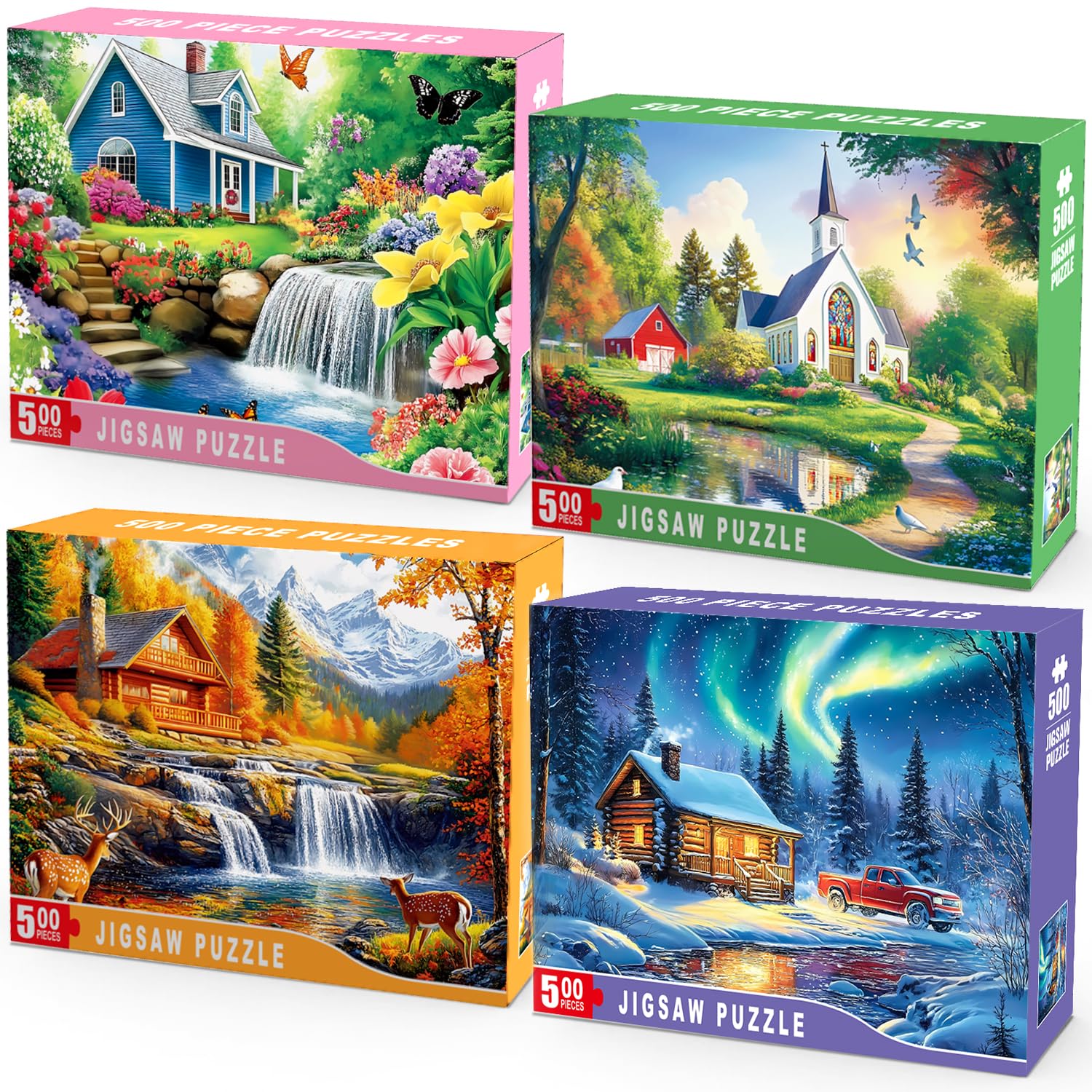 4 Packs 500 Piece Puzzles for Adults – 4 Seasonal Landscape Puzzle Set Scenic House & Nature Jigsaw Puzzle, Colorful Adult Jigsaw Puzzles for Stress Relief, Family Fun, Mindfulness & Gifts