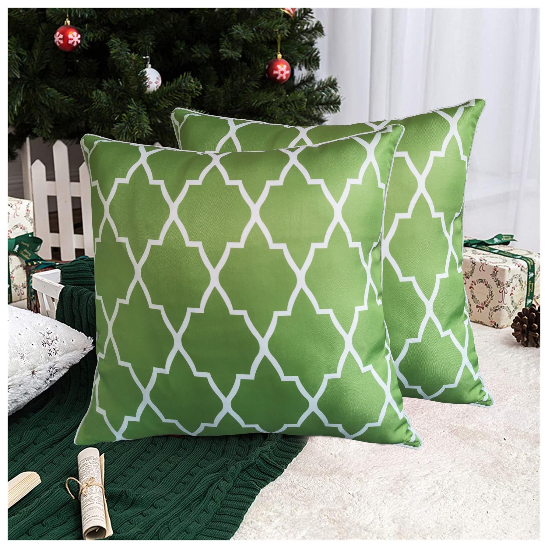 Aitliving 2PCS Pack Cushion Throw Pillow Cover Geometric Mesh Lattice 43X43cm Decorative Couch Pillowcase Lantern Trellis Green Cotton Canvas Printed Accent Bed Cushion Shell w/White Piping 17X17 — image 1