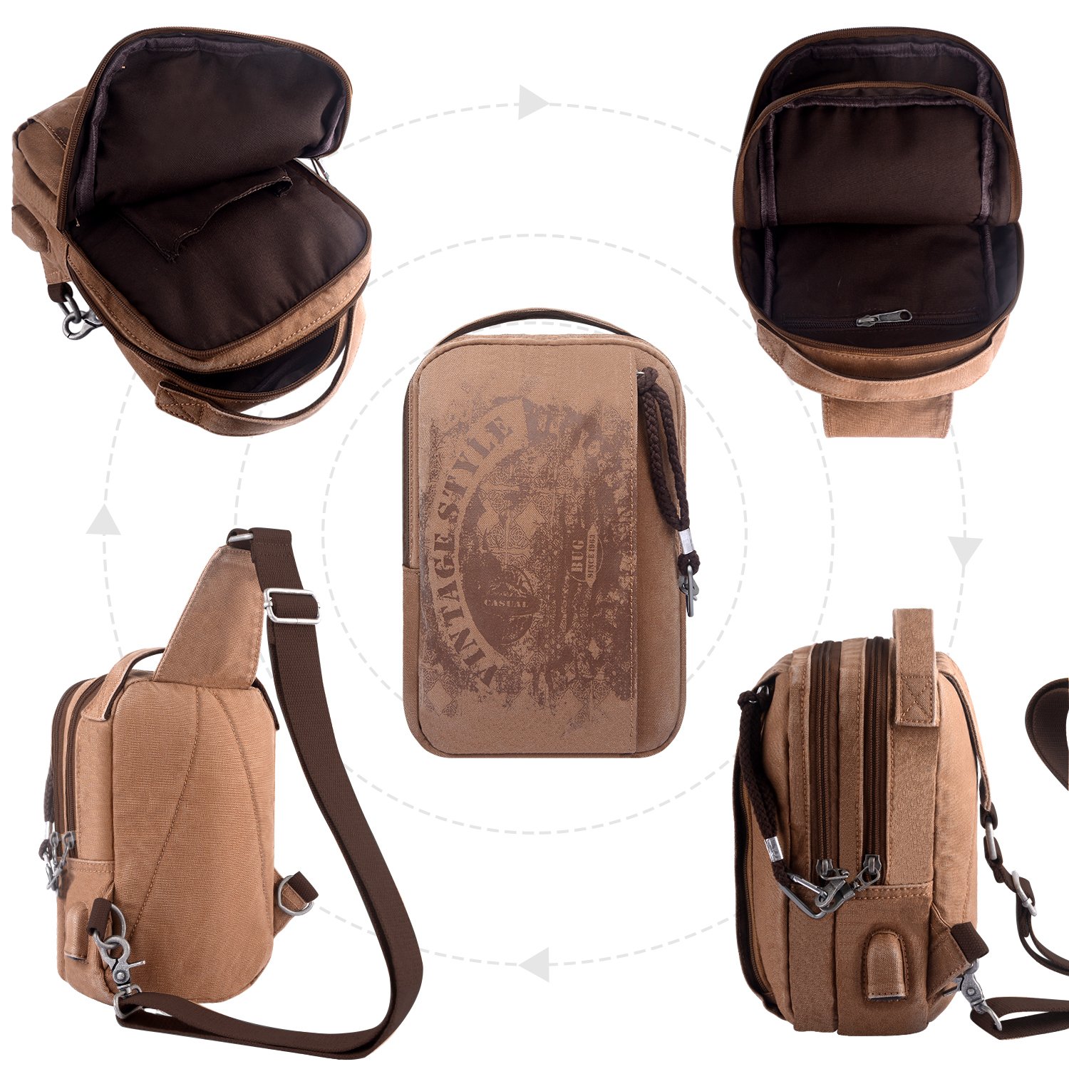 Sling Backpack Anti-Theft Canvas Bag One Strap Crossbody Shoulder Travel Sport Hiking Daypacks for Men Women USB Charging Port(Khaki)