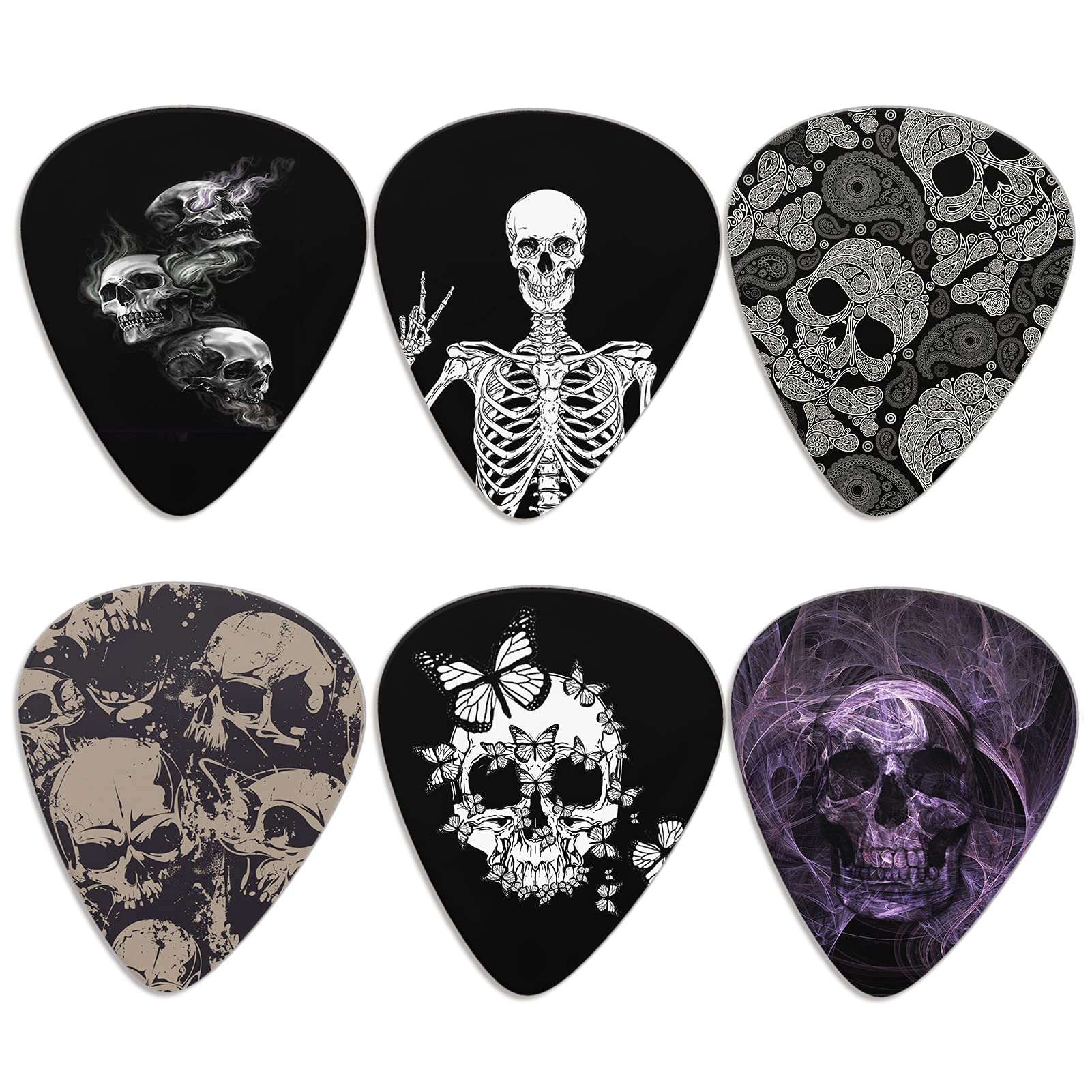 Jeiento Cool Skull Guitar Picks, Medium Thin Guitar Accessories Fingertip Protector 6 Packs