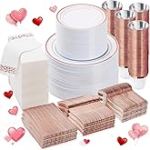 BESTVIP 700PCS Rose Gold Disposable Dinnerware Set for 100 Guests, Plastic Plates for Party, Wedding, Christmas, Include: 200 Plastic Plates, 100 Gold Silverware, 100 Cups, 100 Napkins