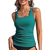 ANFILIA Scalloped Tankini Top Ribbed Bathing Suit Top Women Square Neckline Swimsuit Top