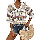 Saodimallsu Womens V Neck Crochet Sweaters Striped Short Sleeve Pullover Hollow Out Tops Beach Cruise Outfits 2025