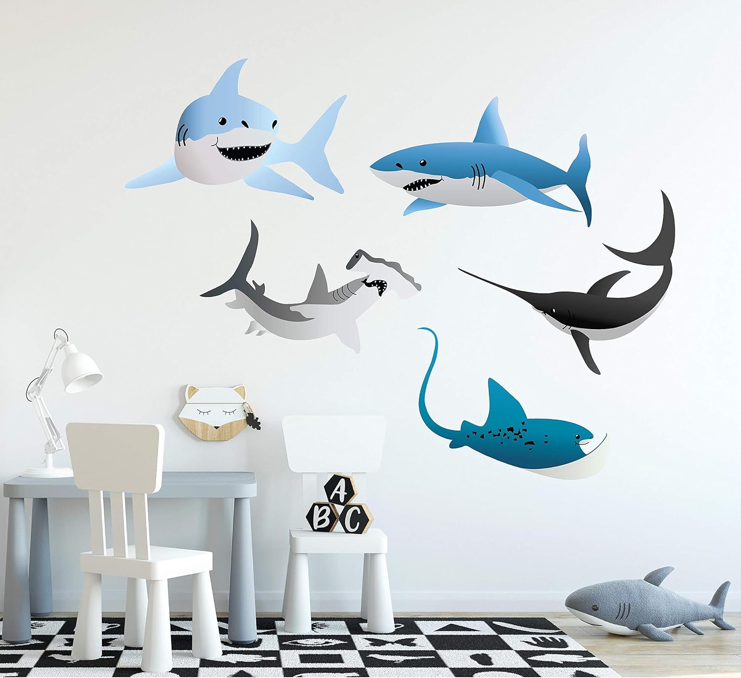 Shark Wall Decal Vector Sharks Stingray Wall Stickers Sea Animals Fish for Childrens Boys Room Decor Set of 5