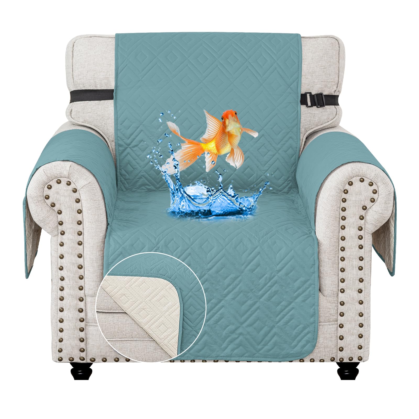 MAXIJIN Chair Covers Waterproof Sofa Slipcovers Non-Slip 1 Seater Sofa Protectors with Elastic Straps Reversible Universal Couch Covers for Dogs, Pets, kids (Light Blue, 1 Seater)