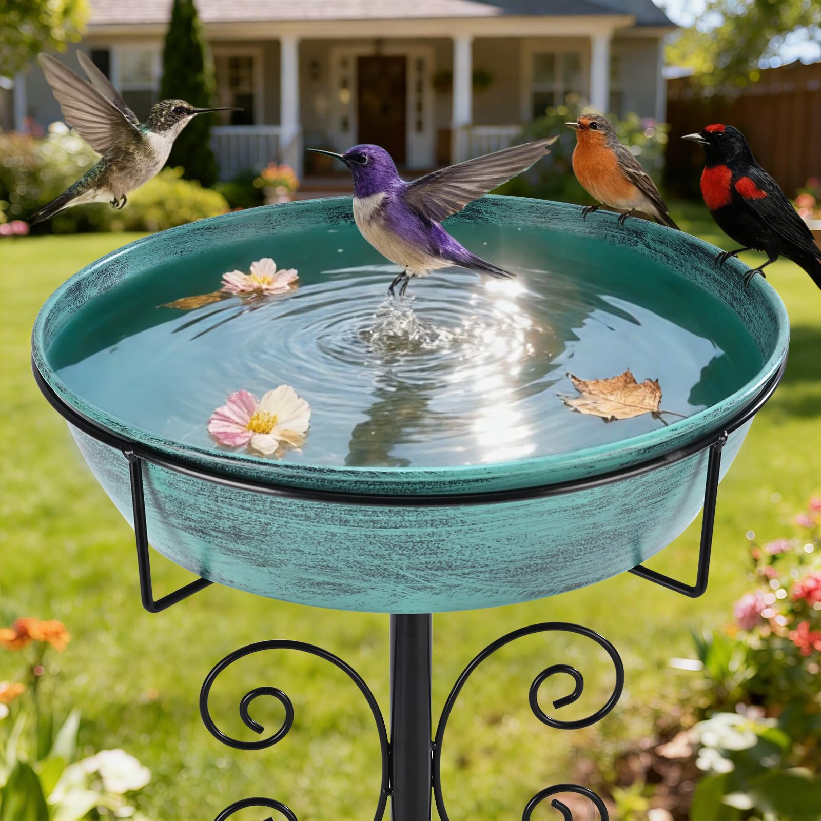 View 1 of 3" Deep 43" Tall Metal Bird Bath for Outdoors, 12" Dia Removable Bird Baths Water Bowl for Outside, Vintage Standing Birdbaths with Stable Stake for Garden Yard Lawn Decor 1.4 Gallon, Blue-Green