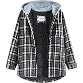 Veusna Women's Plaid Flannel Plaid Shacket Button Up Hooded Long Sleeve Fleece Jacket Winter Coat with Side Pockets