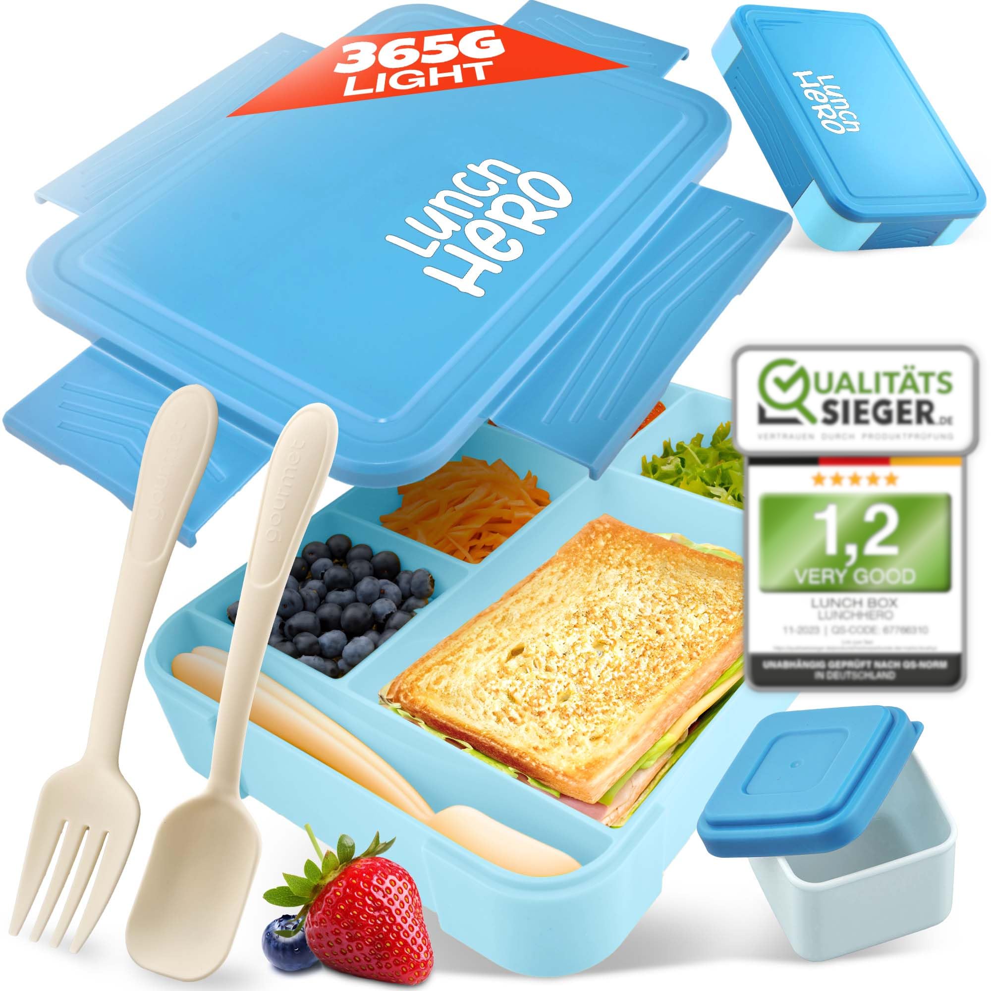 LUNCHHERO Bento Box with Compartments - [Grade 1.2] - BPA Free for Kids with Leak-Proof Sauce Box & Cutlery - Snack Container for Boys & Girls