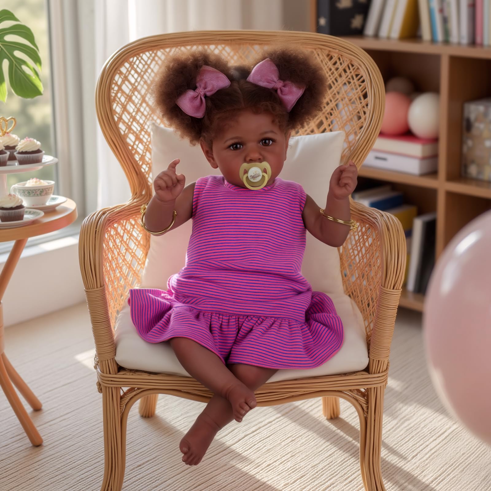 JIZHI Reborn Baby Dolls Black - 22 Inch Lifelike Soft Body Realistic-Newborn Baby Dolls Taupe Eyes Caramel Skin Tone Pink Striped Skirt Real Life and Toy Accessories Gift for Kids Age 3